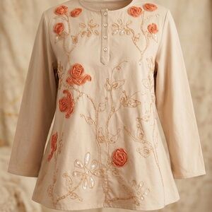 3-D BOHEMIAN SHABY CHIC EMBROIDERED & FABRIC SEWN ROSES. HAND MADE, LINEN BLEND.